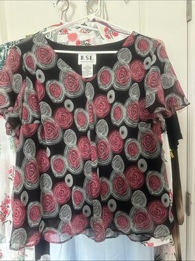 Women's Black Blouse with Pink & Gray Swirl Print